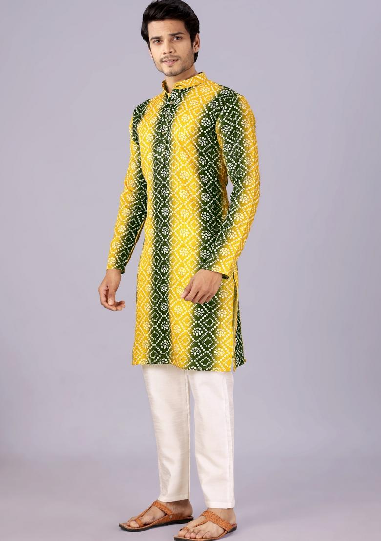 Mehendi And Yellow Printed Cotton Kurta For Men - Indya