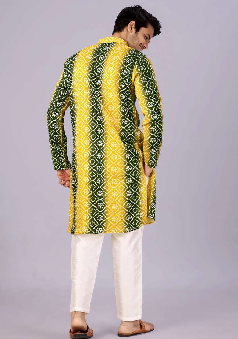 Mehendi And Yellow Printed Cotton Kurta For Men - Indya