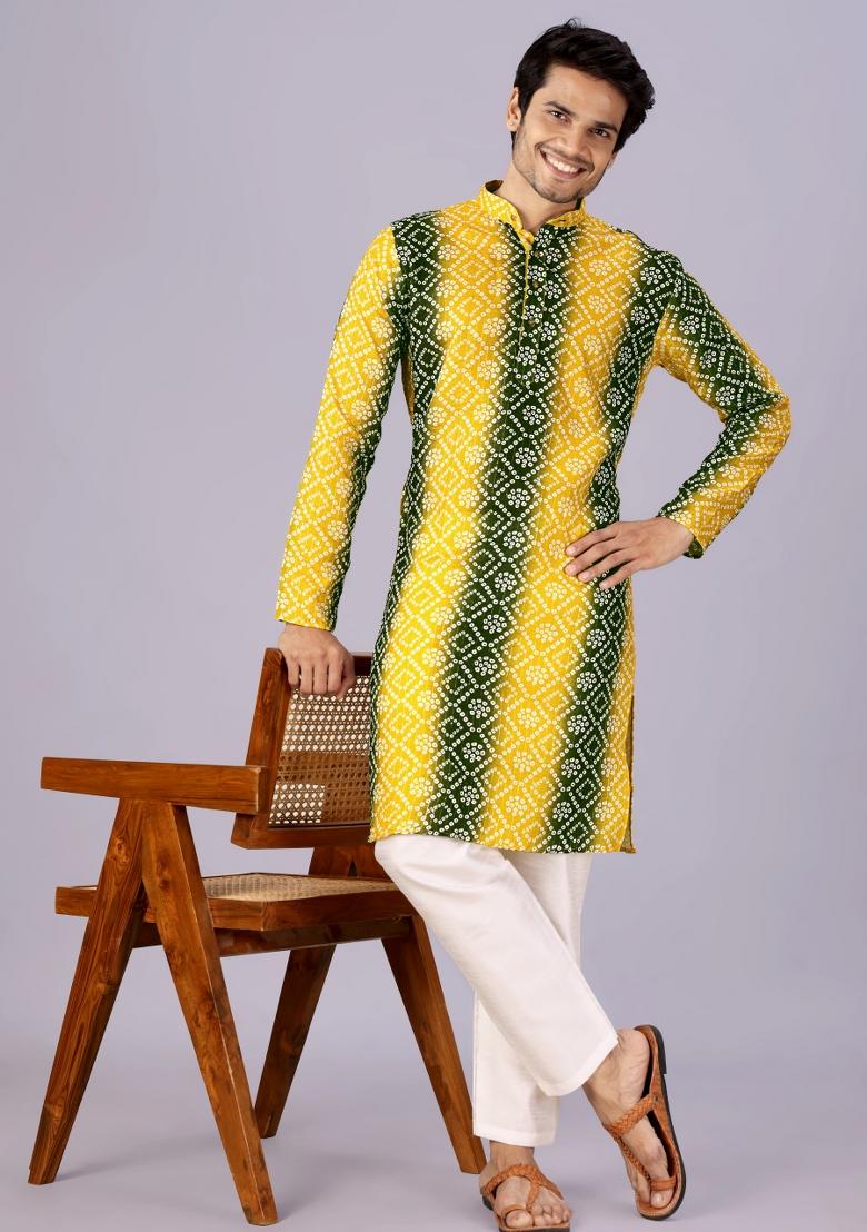 Mehendi And Yellow Printed Cotton Kurta For Men - Indya