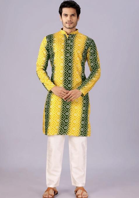 Mehendi And Yellow Printed Cotton Kurta For Men