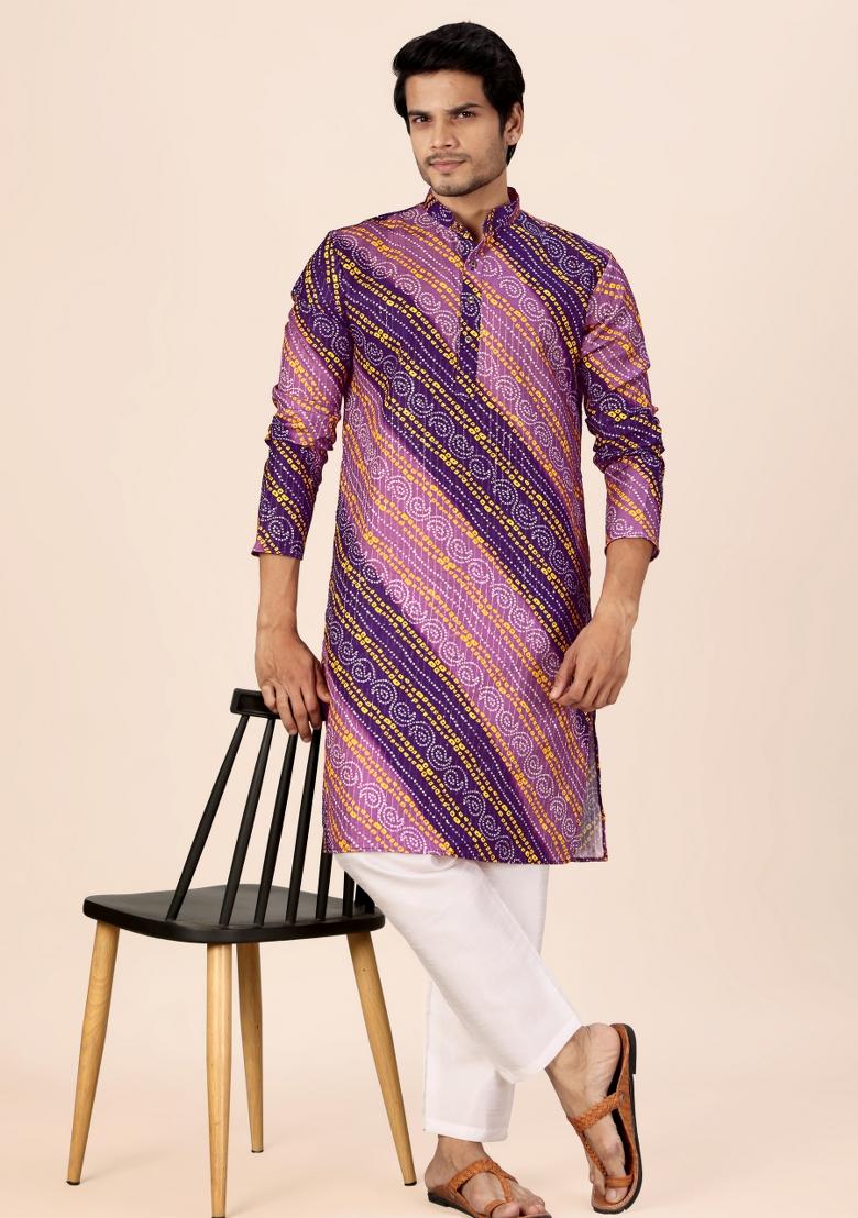 Wine And Purple Printed Cotton Kurta For Men - Indya