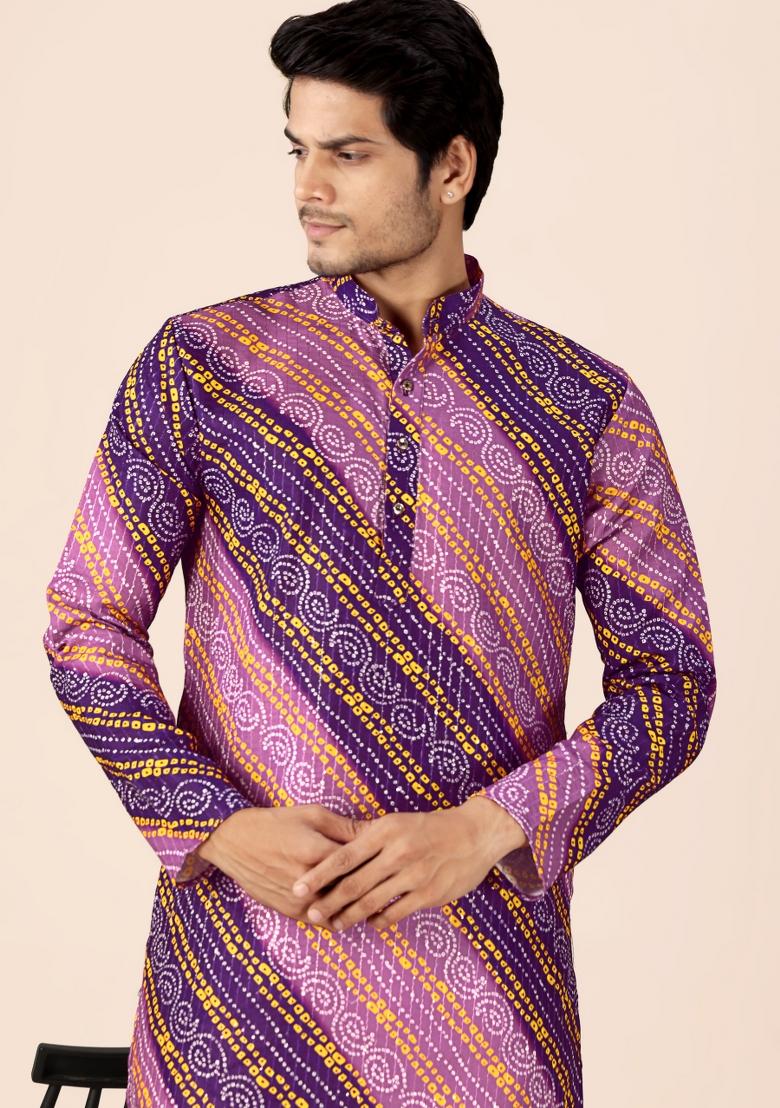 Wine And Purple Printed Cotton Kurta For Men - Indya