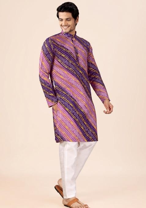 Wine And Purple Printed Cotton Kurta For Men