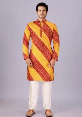 Yellow And Red Printed Cotton Kurta For Men