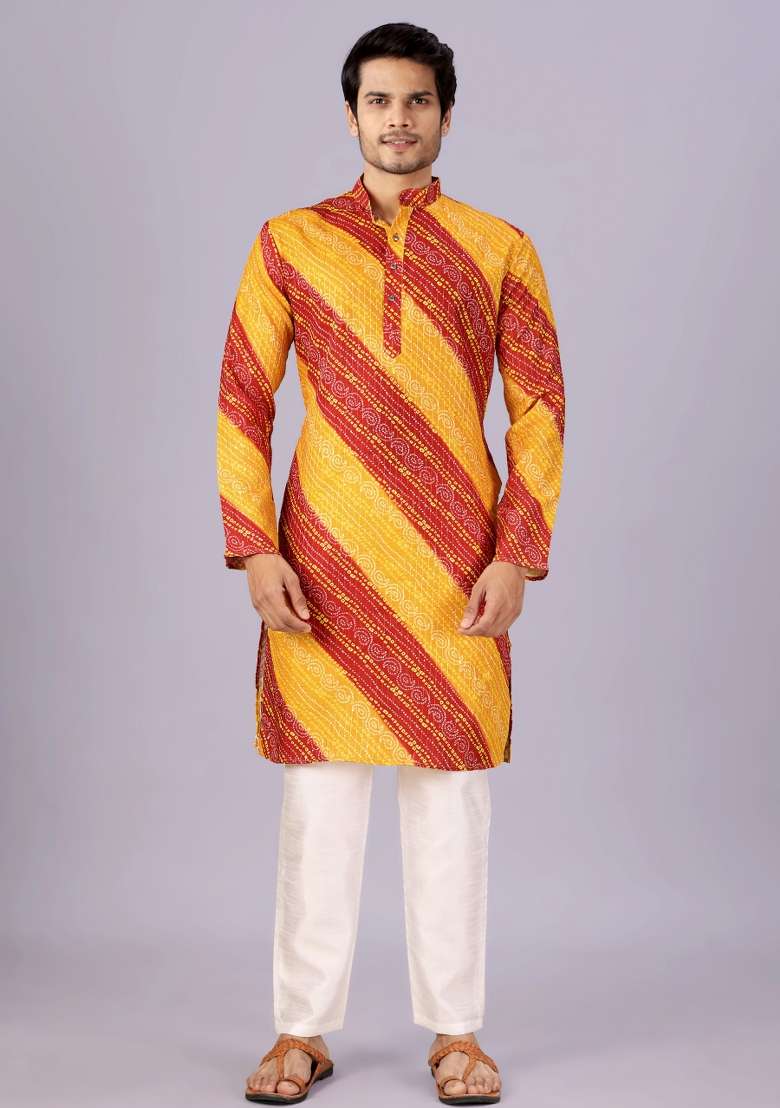 Yellow And Red Printed Cotton Kurta For Men - Indya