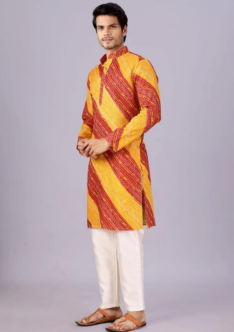 Yellow And Red Printed Cotton Kurta For Men - Indya