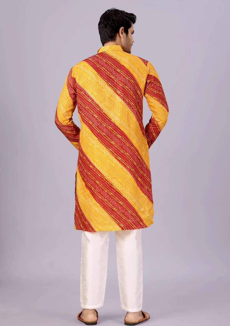 Yellow And Red Printed Cotton Kurta For Men - Indya