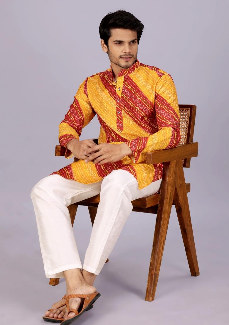 Yellow And Red Printed Cotton Kurta For Men - Indya