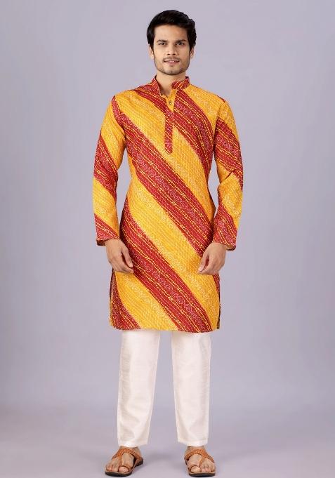 Yellow And Red Printed Cotton Kurta For Men