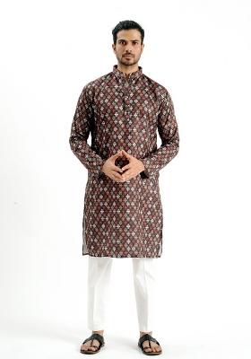 Black Printed Cotton Kurta For Men