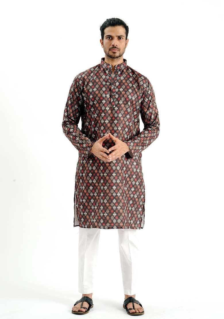 Black Printed Cotton Kurta For Men - Indya