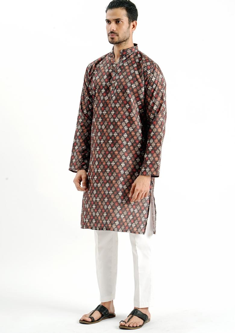 Black Printed Cotton Kurta For Men - Indya
