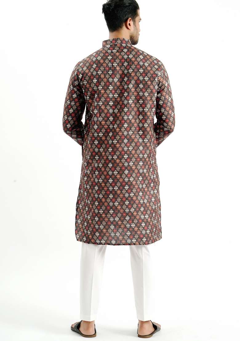 Black Printed Cotton Kurta For Men - Indya