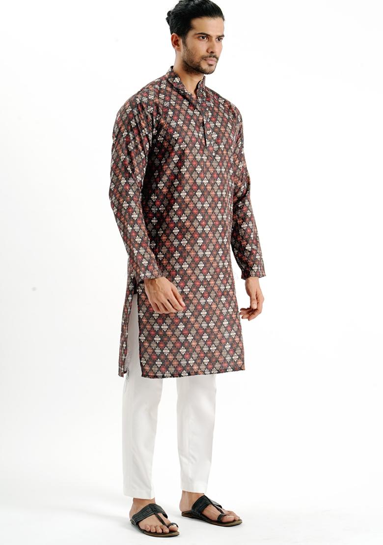 Black Printed Cotton Kurta For Men - Indya