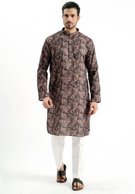 Black Printed Cotton Kurta For Men