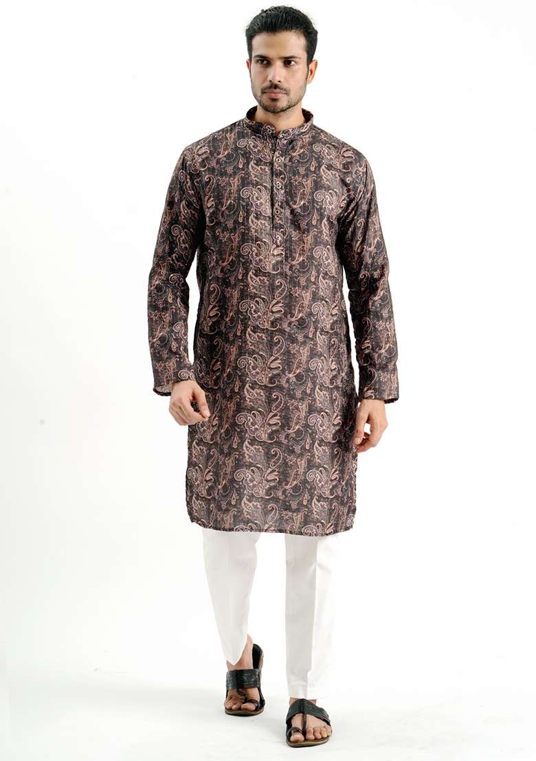 Black Printed Cotton Kurta For Men - Indya