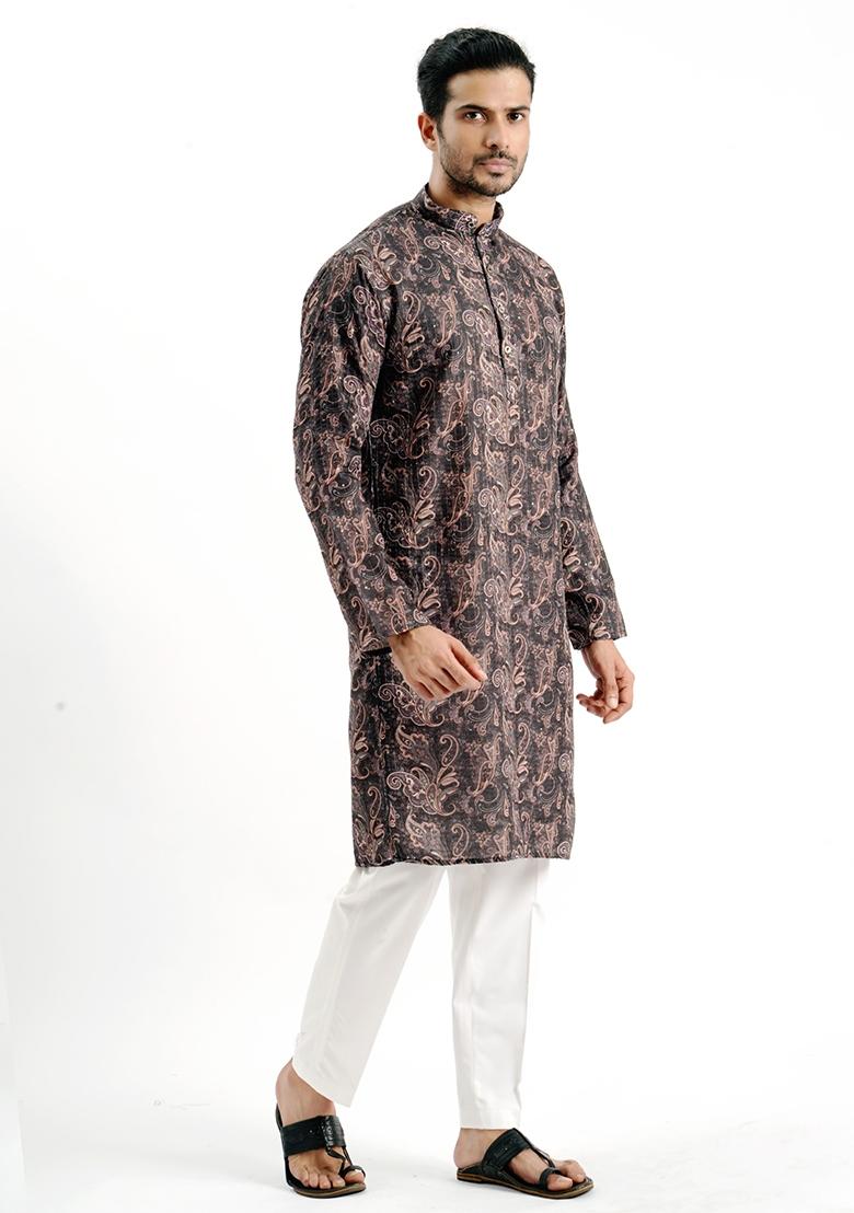 Black Printed Cotton Kurta For Men - Indya