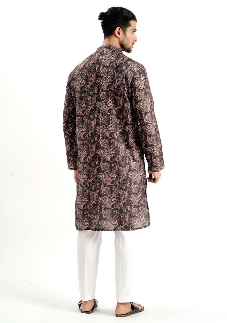 Black Printed Cotton Kurta For Men - Indya