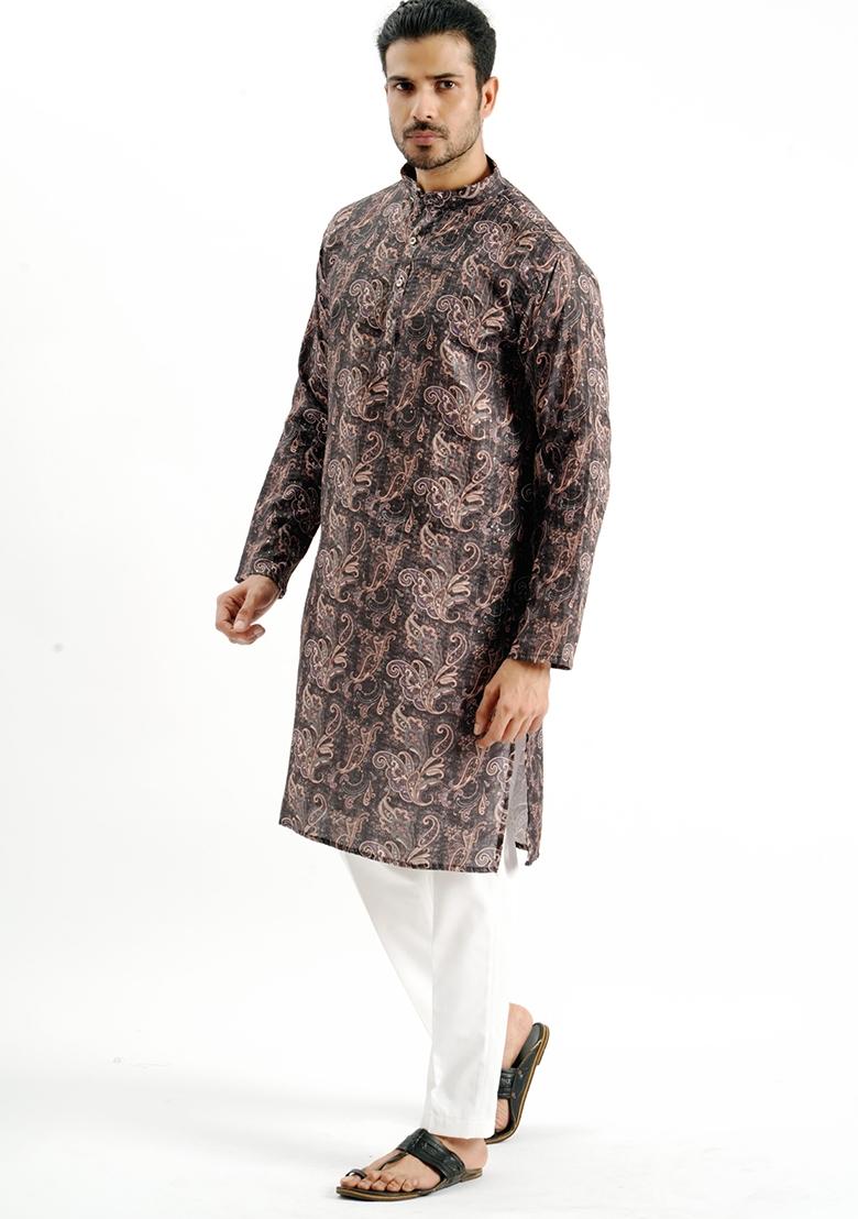 Black Printed Cotton Kurta For Men - Indya