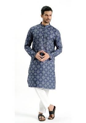Blue Printed Cotton Kurta For Men