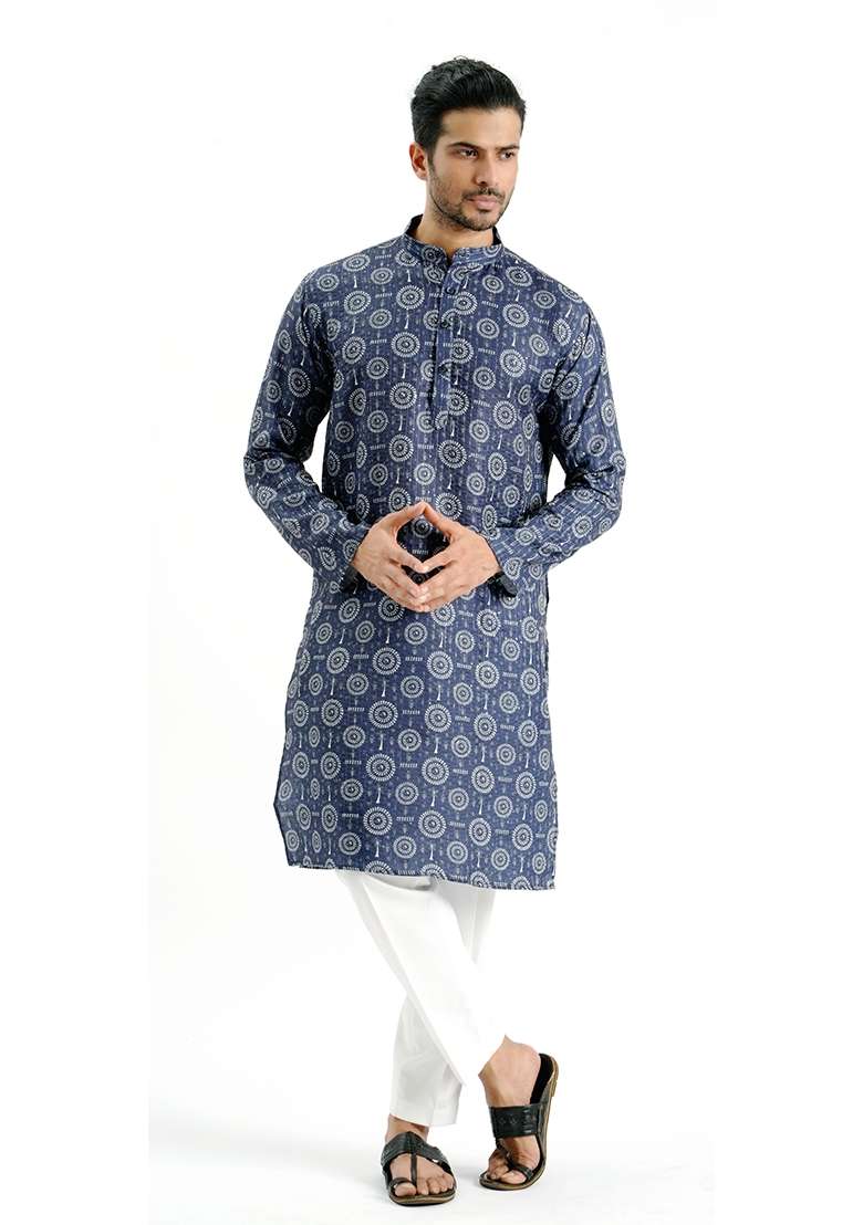 Blue Printed Cotton Kurta For Men - Indya