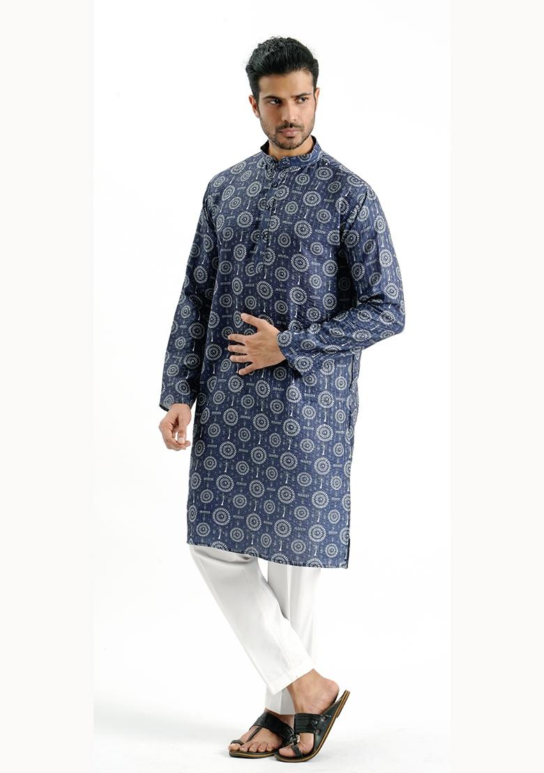 Blue Printed Cotton Kurta For Men - Indya