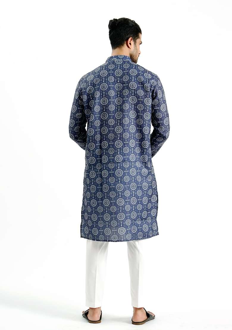 Blue Printed Cotton Kurta For Men - Indya