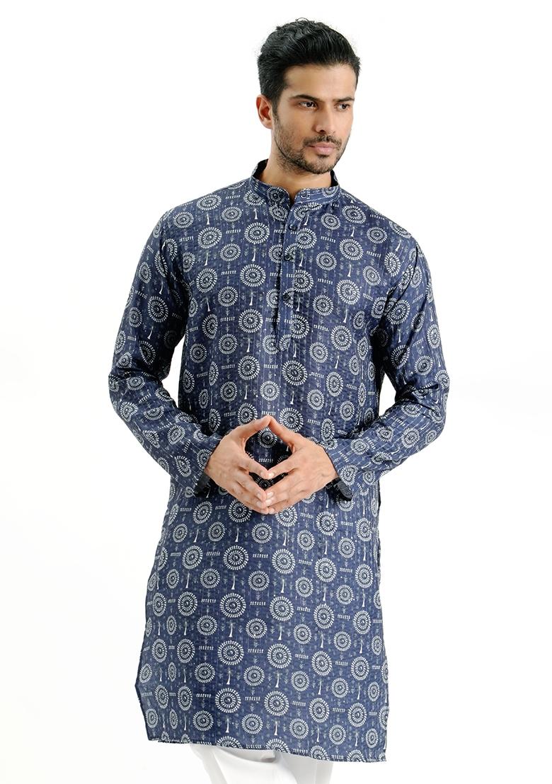 Blue Printed Cotton Kurta For Men - Indya