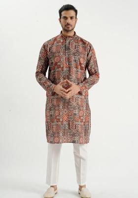 Brown Printed Cotton Kurta For Men