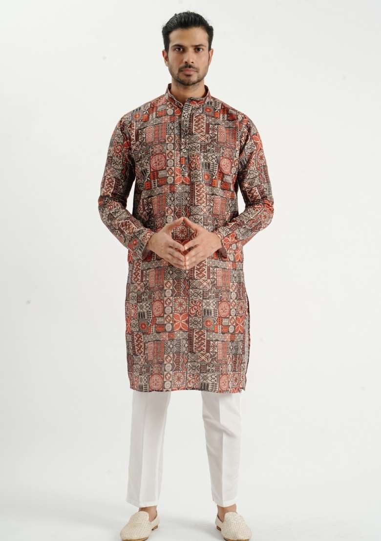 Brown Printed Cotton Kurta For Men - Indya