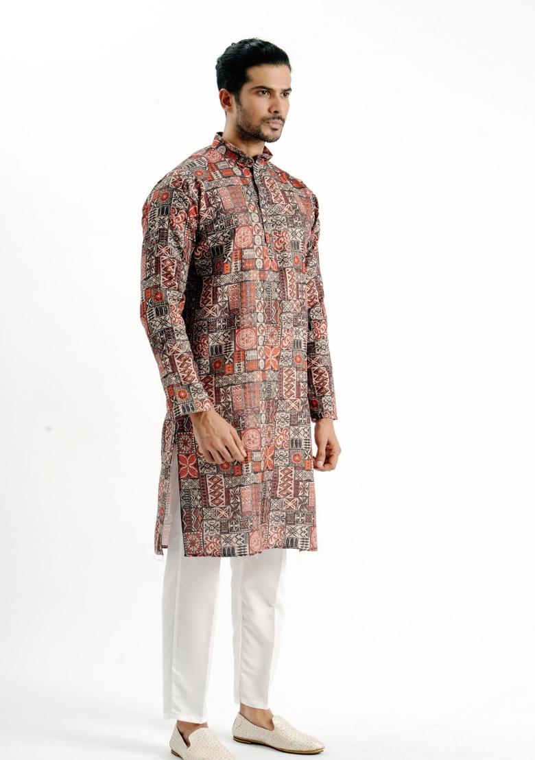Brown Printed Cotton Kurta For Men - Indya