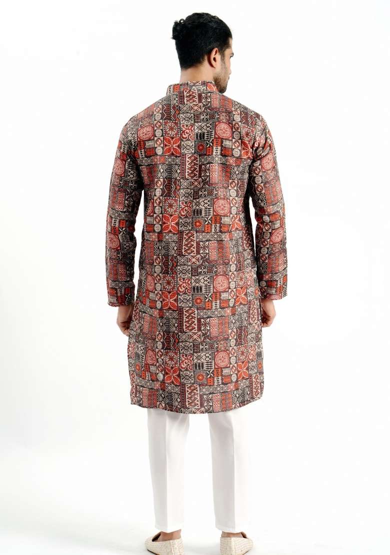 Brown Printed Cotton Kurta For Men - Indya