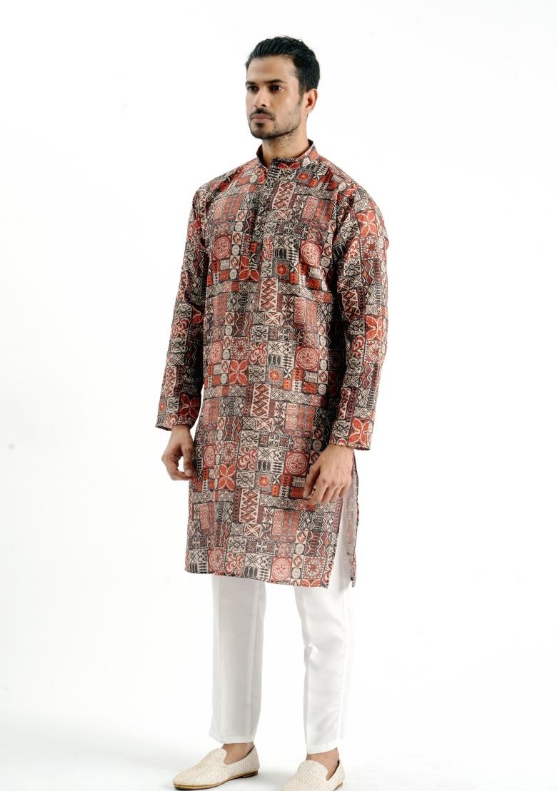 Brown Printed Cotton Kurta For Men - Indya