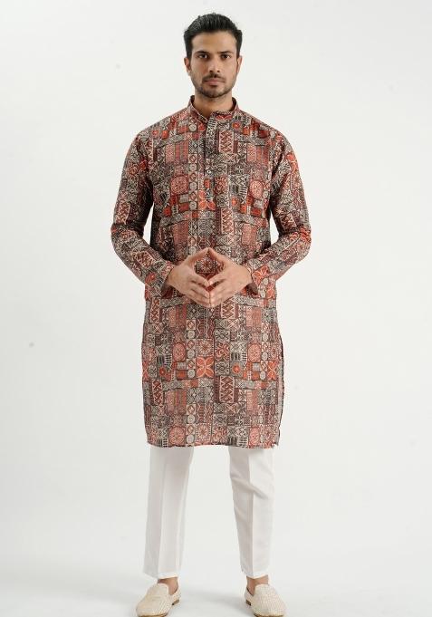 Brown Printed Cotton Kurta For Men