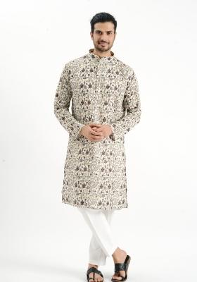 Cream Printed Cotton Kurta For Men