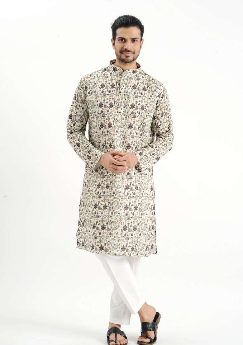 Cream Printed Cotton Kurta For Men - Indya