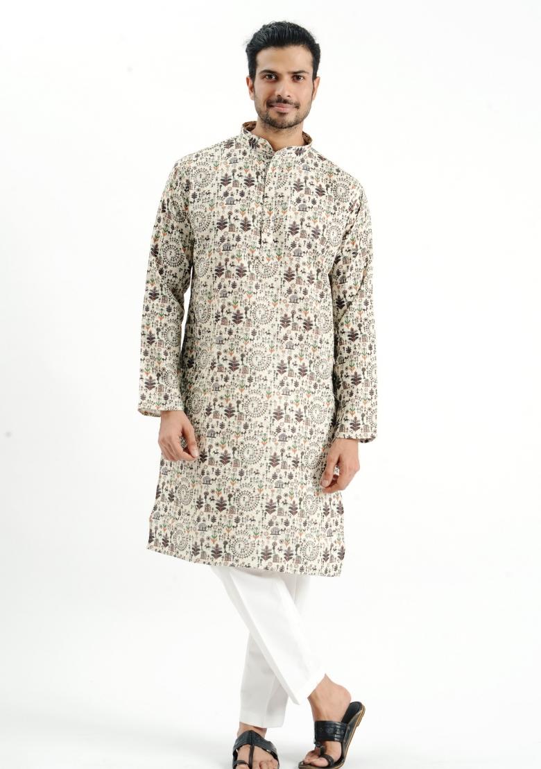 Cream Printed Cotton Kurta For Men - Indya