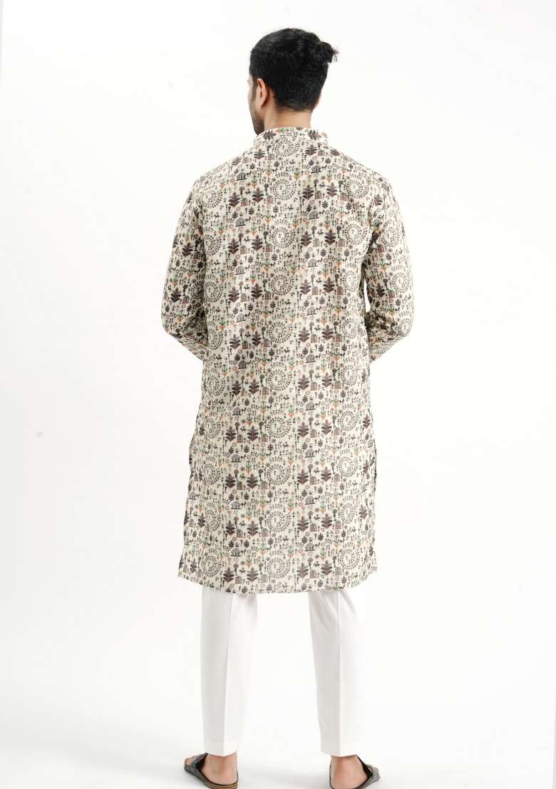 Cream Printed Cotton Kurta For Men - Indya