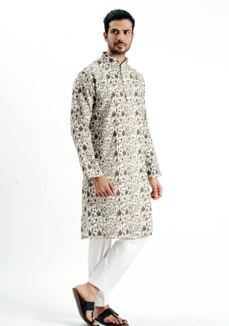 Cream Printed Cotton Kurta For Men - Indya