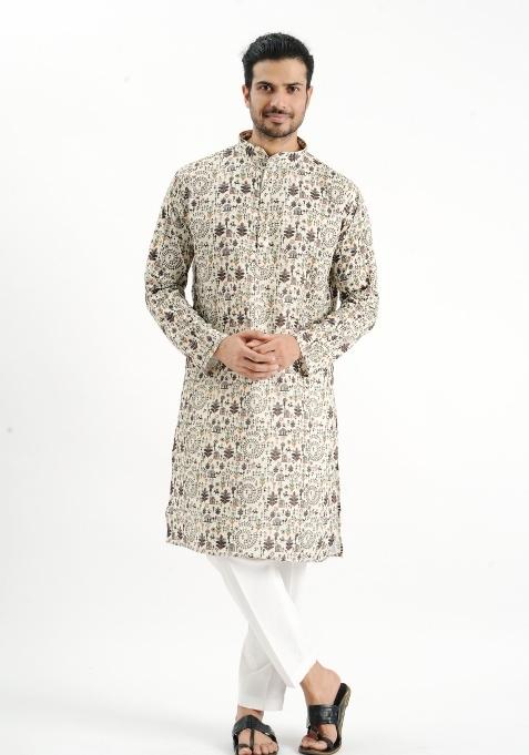 Cream Printed Cotton Kurta For Men