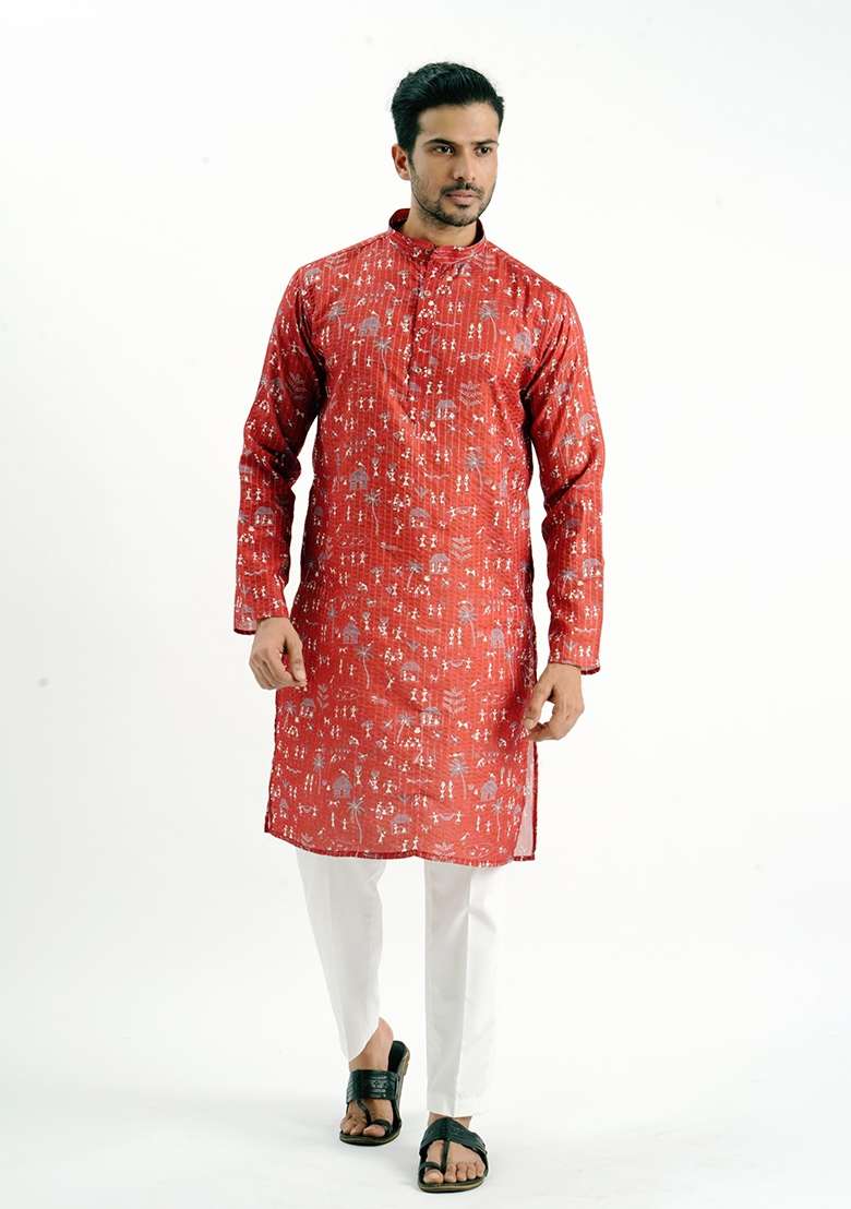 Red Printed Cotton Kurta For Men - Indya