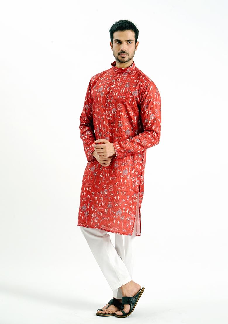 Red Printed Cotton Kurta For Men - Indya