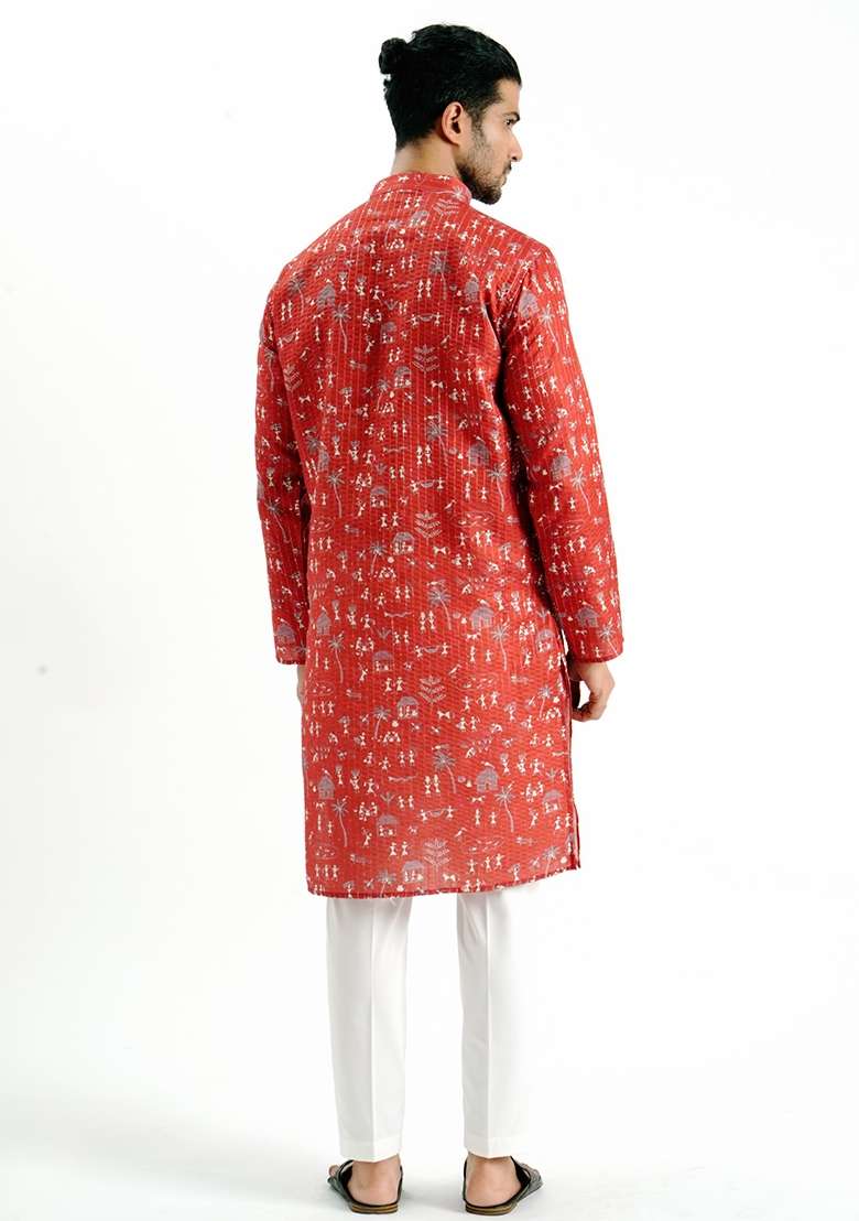 Red Printed Cotton Kurta For Men - Indya