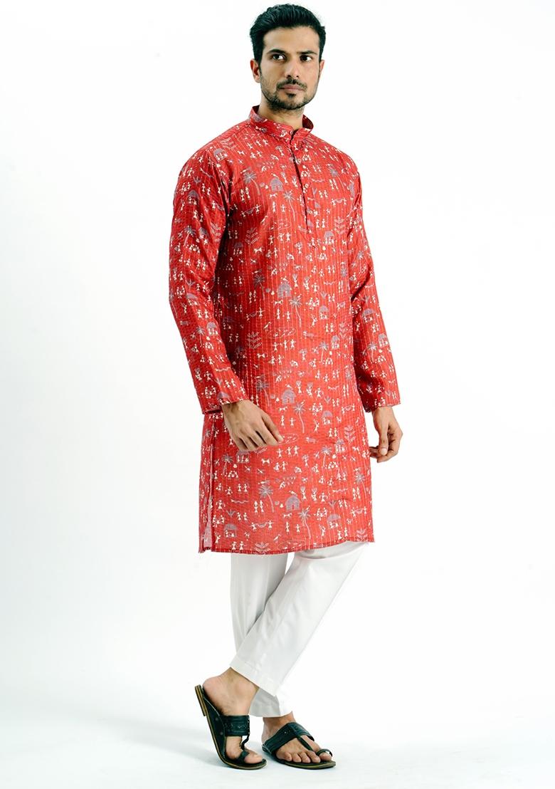 Red Printed Cotton Kurta For Men - Indya