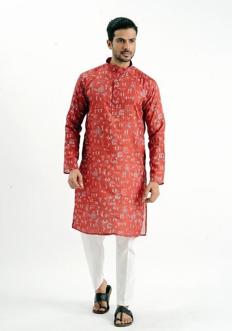 Red Printed Cotton Kurta For Men