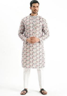 White Printed Cotton Kurta For Men