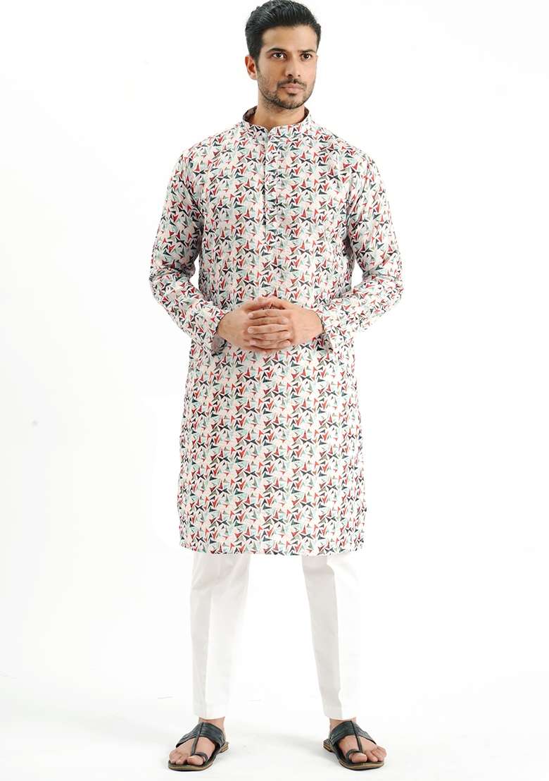 White Printed Cotton Kurta For Men - Indya
