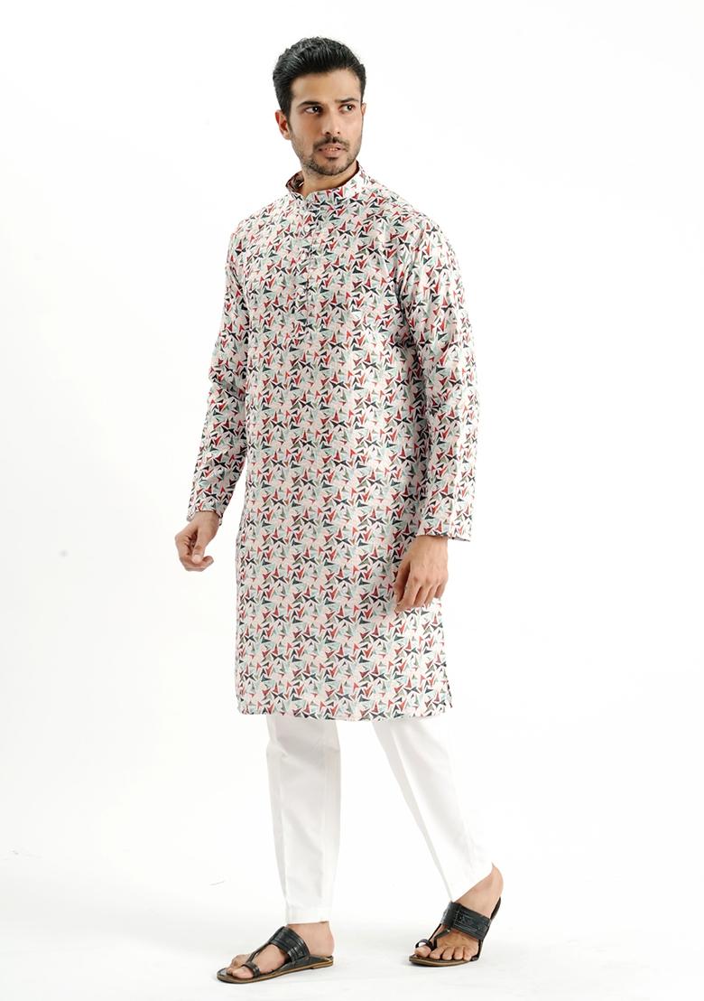 White Printed Cotton Kurta For Men - Indya