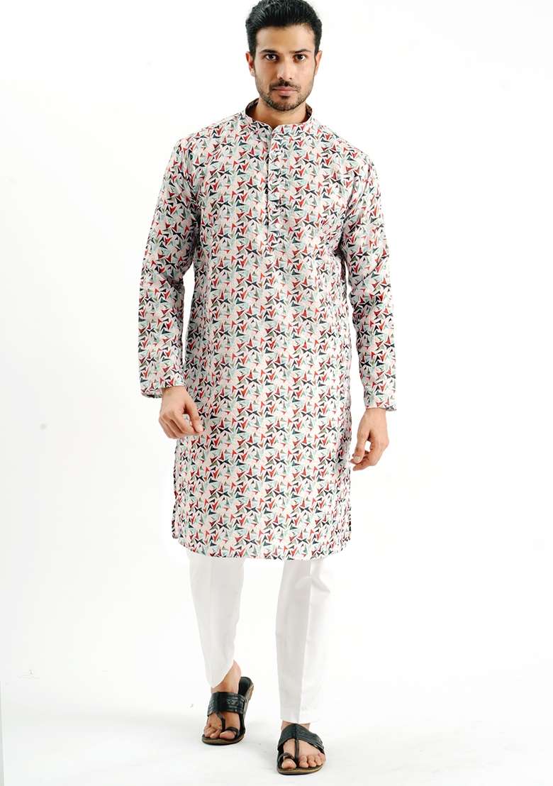 White Printed Cotton Kurta For Men - Indya