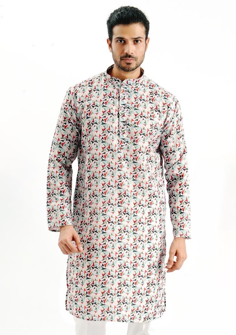 White Printed Cotton Kurta For Men - Indya